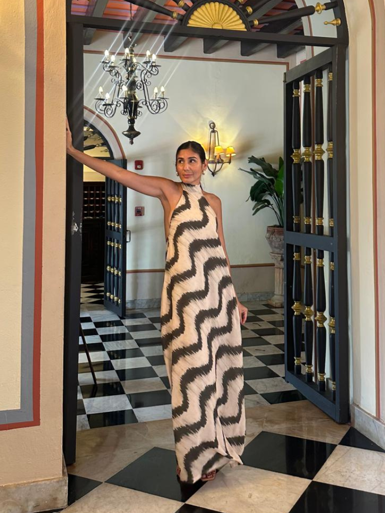 Full-length view of San Juan Maxi Dress with wave print – tropical vacation style for women