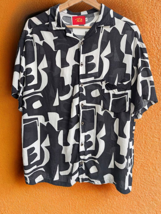 Black and White palm print camp shirt – men’s tropical button-up made in soft rayon