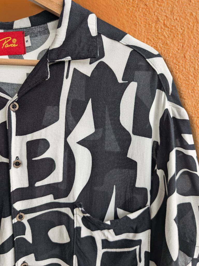 Black and White palm print camp shirt – men’s tropical button-up made in Colombia