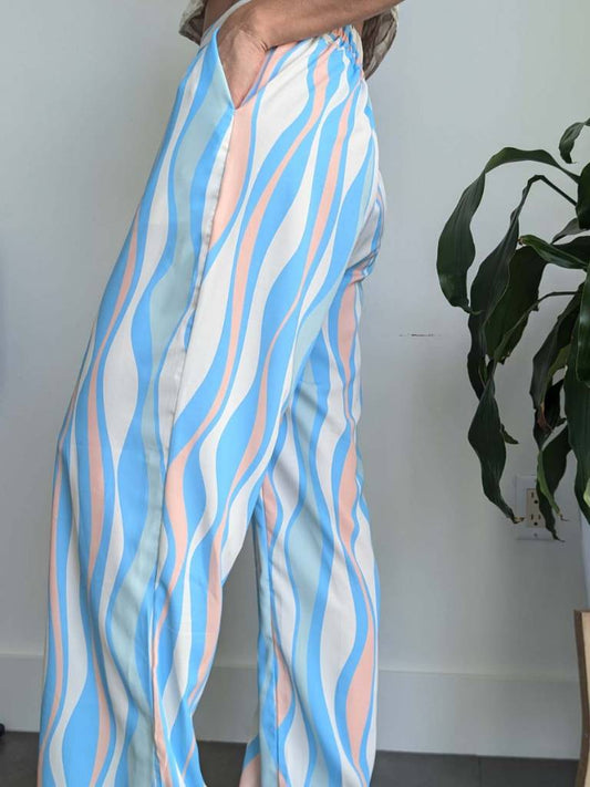 Blue Flow Pant in tropical mango silk with ocean-inspired print by Parce Miami