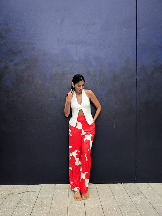 Mallow Pant in red and white floral print – women’s mango silk pants by Parce Miami