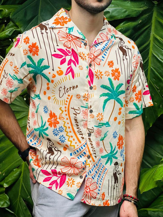 Full image of the Palm Breeze hawaiian style shirt in a fun and colorful floral print by Parce 