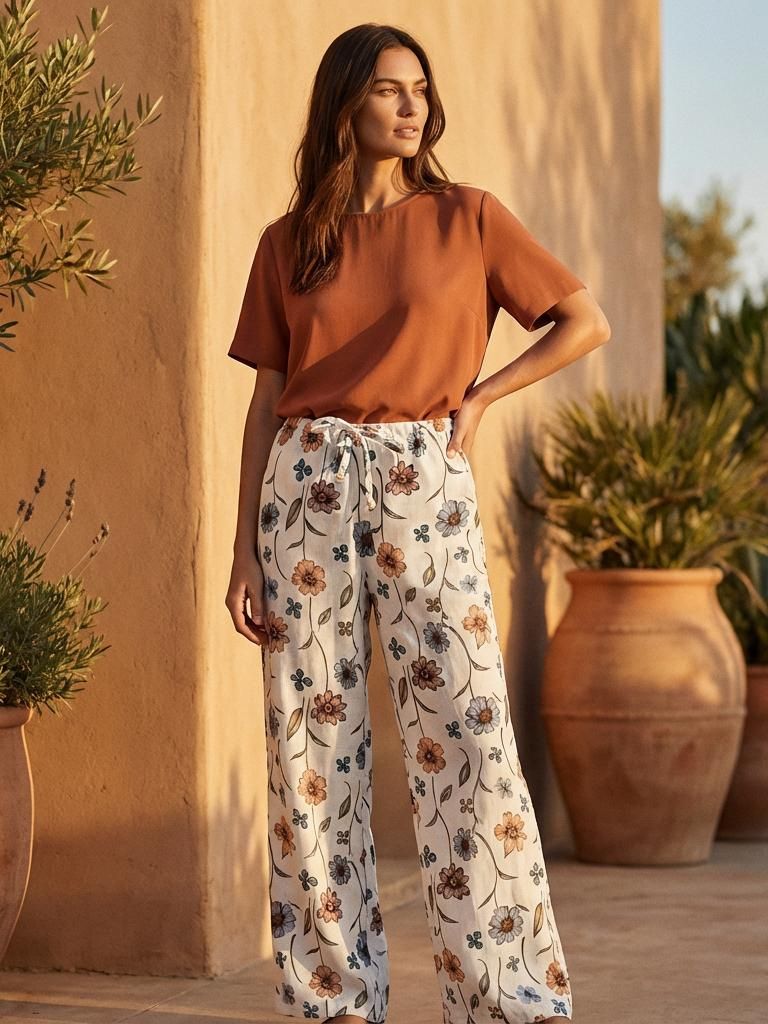 Woman wearing a brown top and floral Parce Cali Garden pants standing against a warm-toned wall with plants.