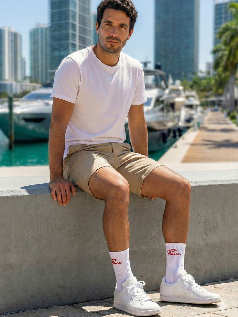 Man wearing Parce Signature Cotton Crew Socks with sneakers in Miami marina