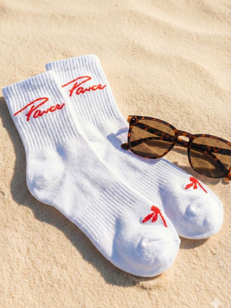 Pair of white Parce signature cotton socks with red palm tree embroidery resting on beach sand next to tortoise shell sunglasses