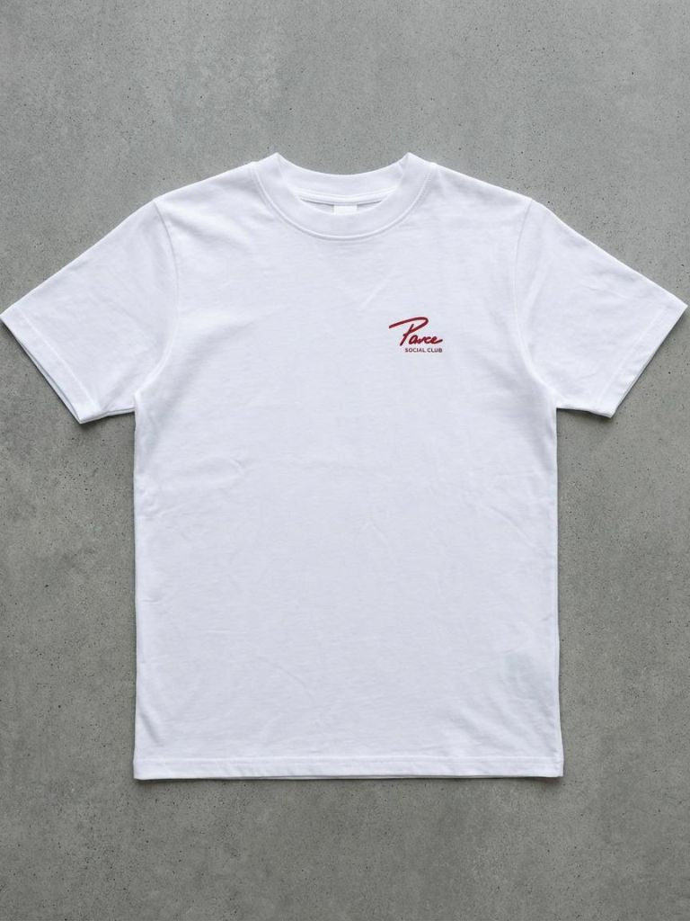 Parce Social Club white T-shirt made from Peruvian cotton with raised silicone logo