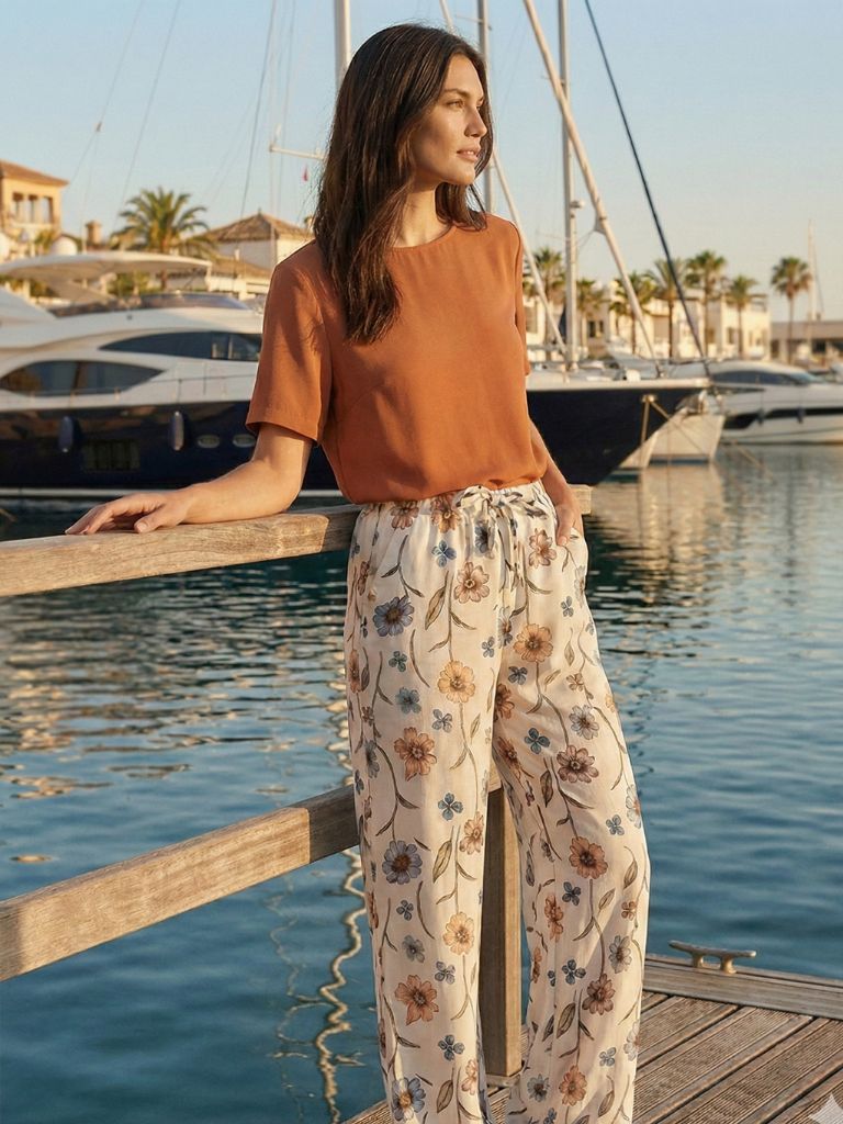 Woman standing by a dock with boats in the background wear Parce linen pants